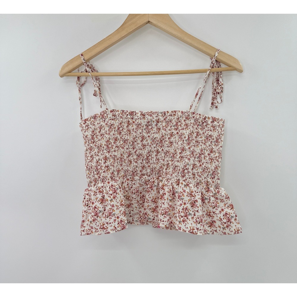 Paper Crane Floral Smocked Square Neck Ruffle Peplum Tie Strap Tank Top M - Picture 2 of 9